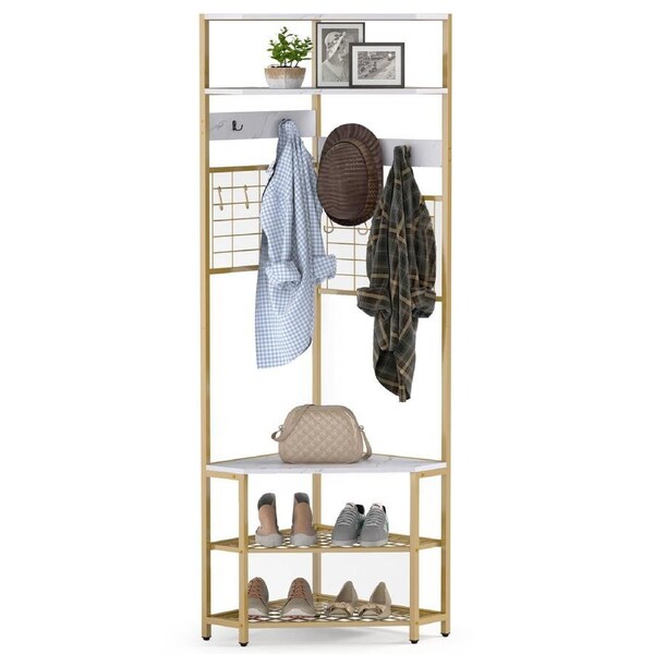 Costway 5-Tier Coat Rack Shoe Bench Corner Hall Tree w/Storage Shelf Entryway Organizer White