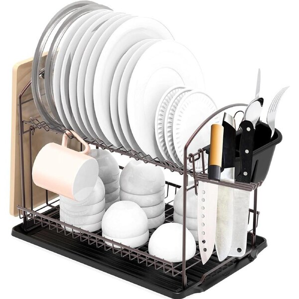 2-Tier Dish Rack with Drain Board, Cup Holder and Cutting Board Holder Capacity Dish Drainer for Kitchen Storage & Organisation