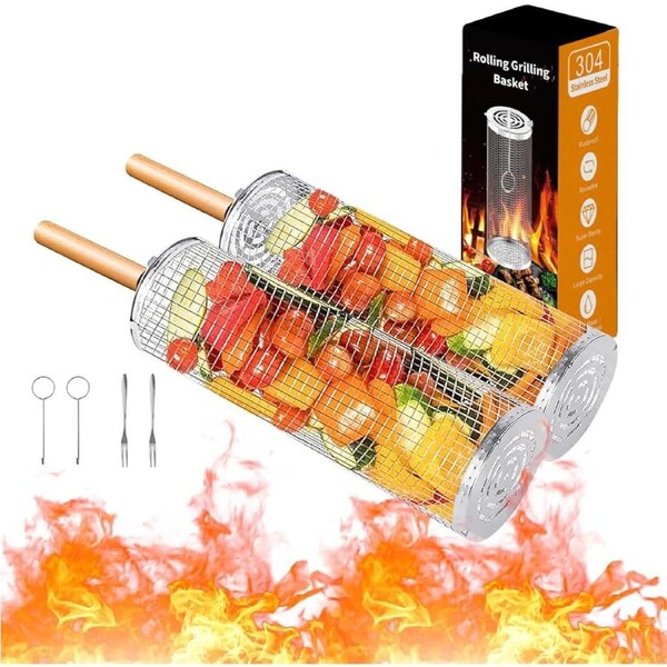 2PCS Rolling BBQ Cage Rotisserie Basket, Stainless Steel Tube Grill BBQ Cooking Accessories for Outdoor Cooking Camping Barbecue, BBQ Tools