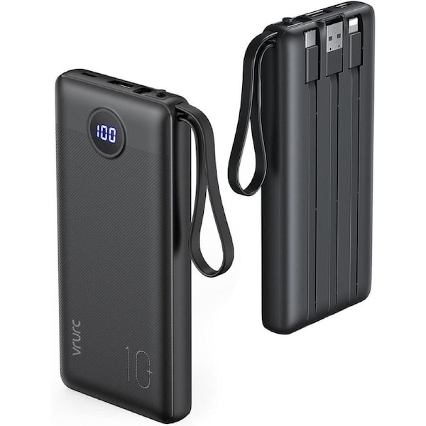 VRURC 10000mAh Power Bank with Built-in 4 Cables, Slim Portable Charger USB C External Cell Phone Battery Pack with 5 Outputs & 2 Inputs, LED Display Compatible with iPhone Samsung Android etc- Black
