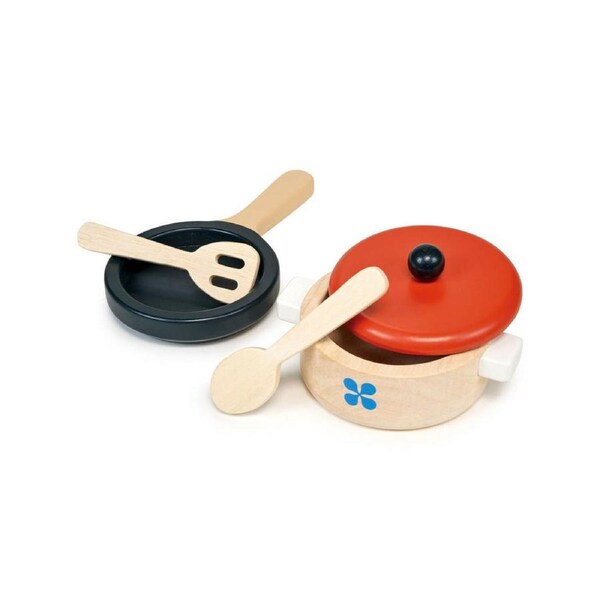 Mentari Wooden Toy Casserole Pan & Pot Set Kitchen Kids Pretend Play 2y+