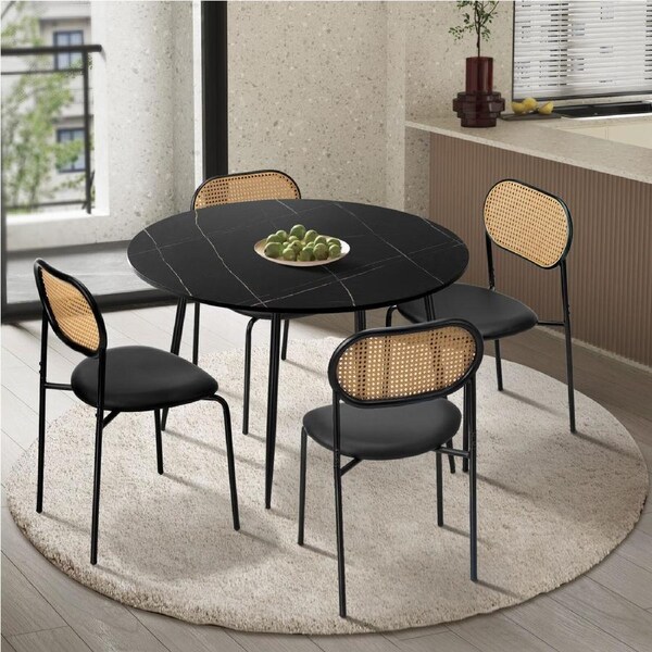 Oikiture 110cm Round Dining Table with 4PCS Dining Chairs PU Leather Black