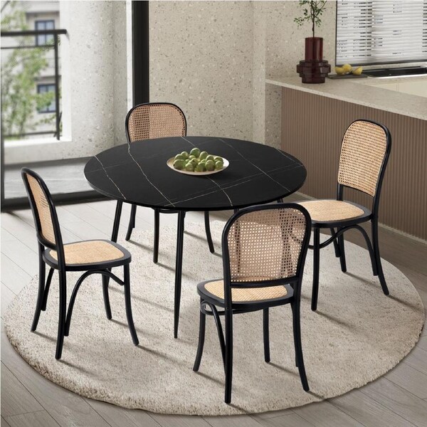 Oikiture 110cm Round Dining Table with 4PCS Dining Chairs Wooden Black