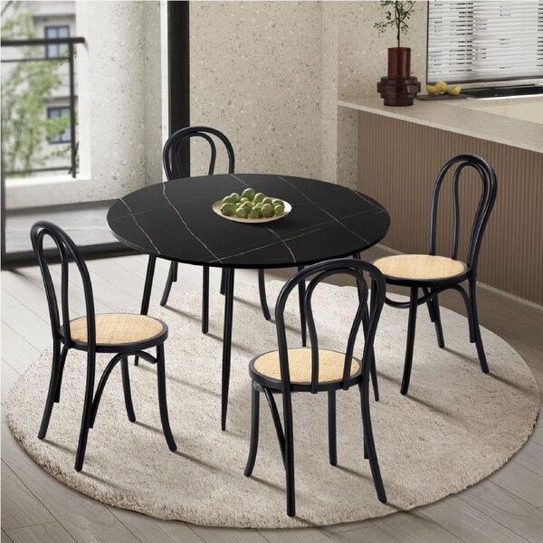 Oikiture 110cm Round Dining Table with 4PCS Dining Chairs Solid Wooden Black
