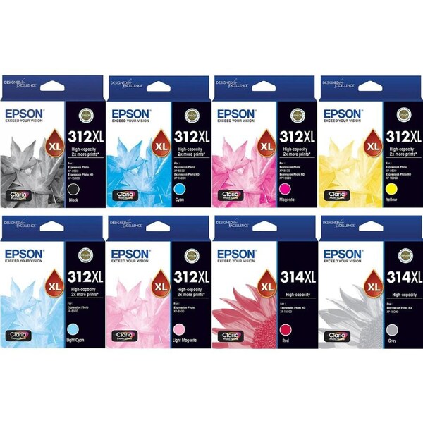 Epson 312XL 314XL Claria 8 Ink Cartridge Value Pack Genuine Original Black Cyan Magenta Yellow Light Cyan Light Magenta Red Grey