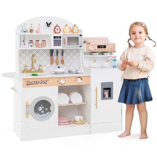 Costway Mini Pretend Wooden Kitchen Playset w/Dish Rack & Washing Machine Toy Kitchen Play Set White