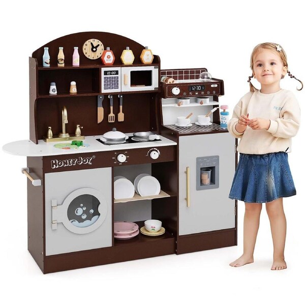Costway Mini Pretend Wooden Kitchen Playset w/Dish Rack & Washing Machine Toy Kitchen Play Set Brown