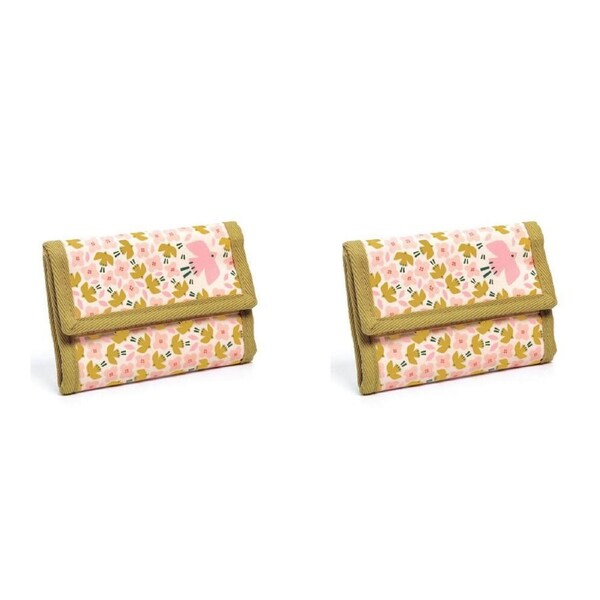 2x Djeco 14x10cm Bird Wallet Coated Canvas Kids Money Holder 3y+ Pink/Mustard