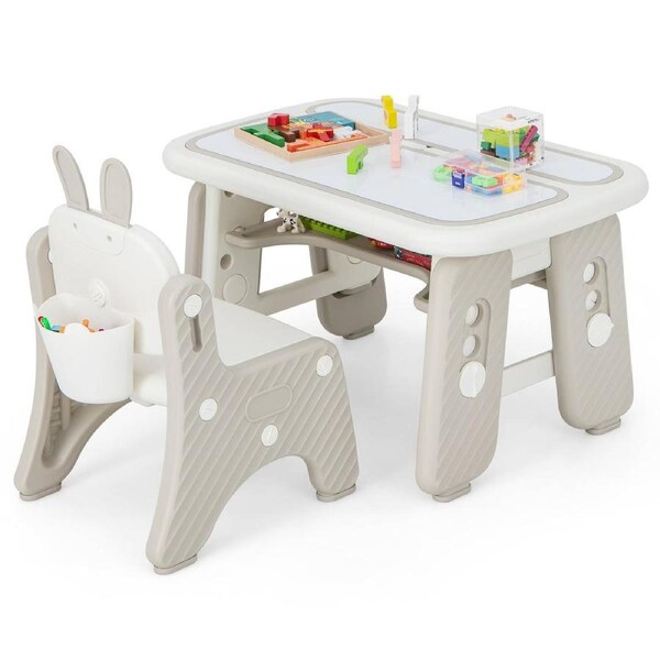 Babyjoy Kids Table & Chair Set Graffiti Art Table w/Flip-Top Bookshef Height Adjustable Drawing Desk Grey