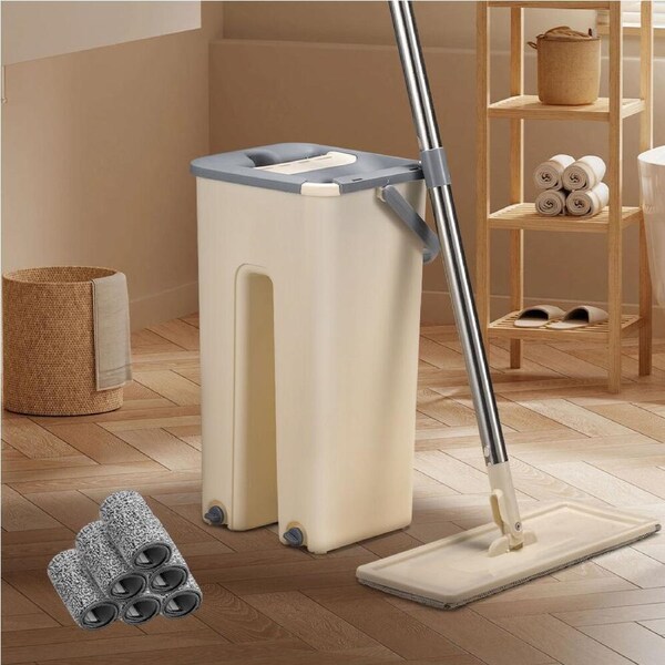 ZUNI Flat Mop and Bucket Floor Mop Cleaner Set Wet Dry w/ 6 Heads