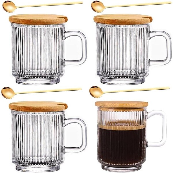 Vintage Glass Coffee Mugs Cup, Iced Latte Glass Tea Cup with Lids and Spoons, Ribbed Glass Set, 4 Pack