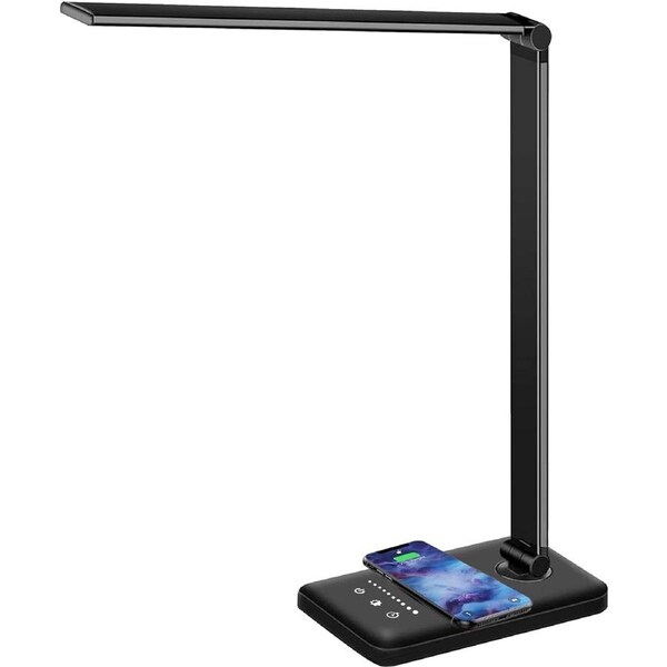 LED Desk Lamp with Wireless Charger, USB Charging Port, Dimmable Eye-Caring Desk Light with 5 Brightness Levels & 5 Lighting Modes, Touch Control, Auto Timer for Home Office, Reading,Studying