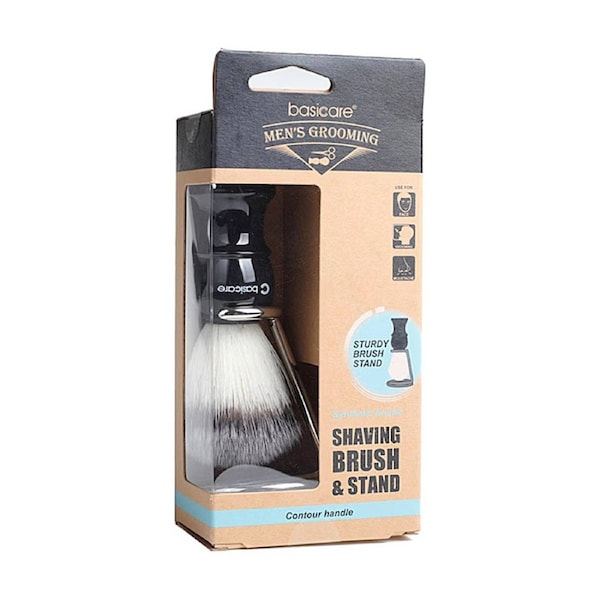 Basicare Men's Grooming Shaving Brush W/ Contour Handle & Stand