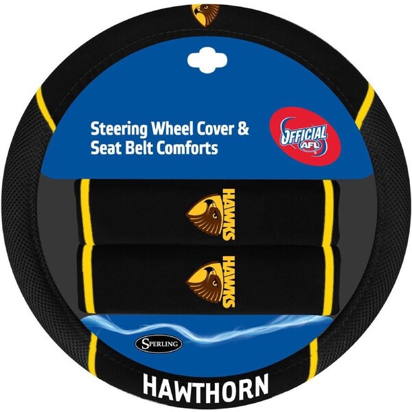 AFL Steering Wheel Cover - Seat Belt Covers - Hawthorn Hawks - Universal Fit