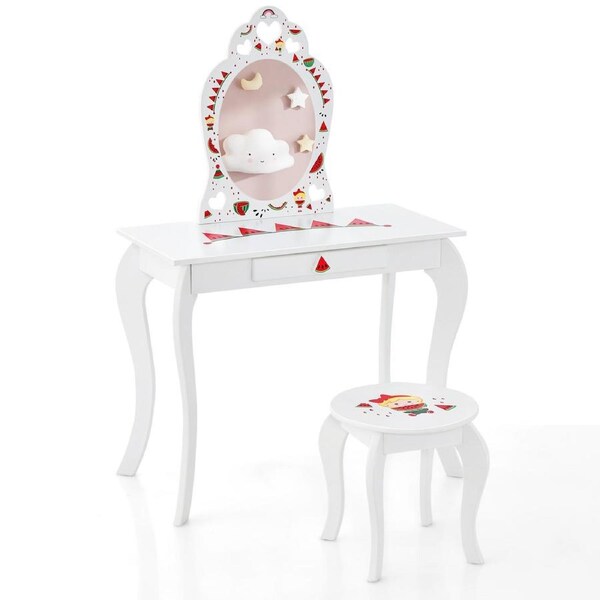 Costway Vanity Set 2 in 1 Dressing Table & Chair Watermelon Pattern Makeup Vanity Furniture Home