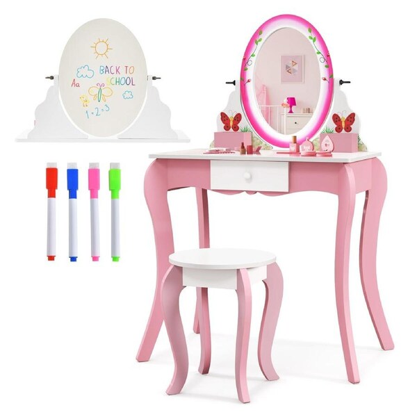 Costway 2-in-1 Vanity Table Stool Set Rotatable Mirror Makeup Table Princess Dressing Table w/Whiteboard/4 Markers/Drawer