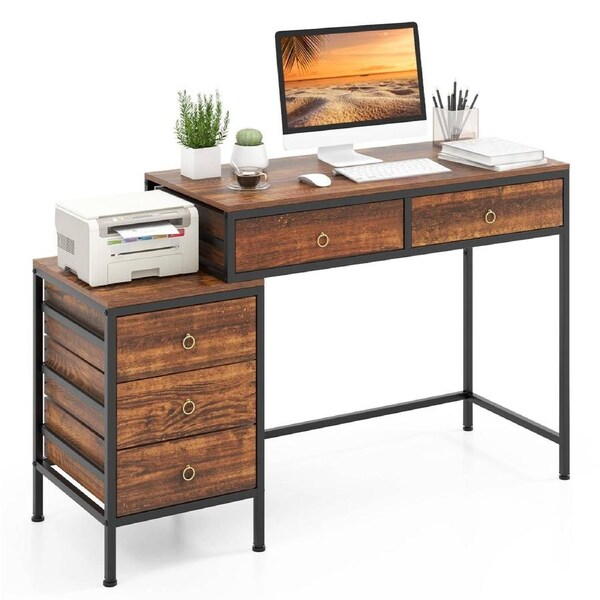 Costway 130cm 5 Drawers Vintage Gaming Computer Desk Metal Frame Table Cabinet Brown