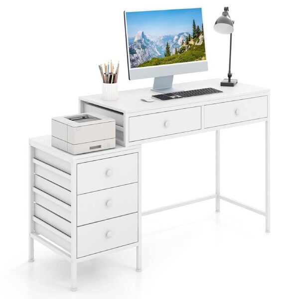 Costway 130cm 5 Drawers Vintage Gaming Computer Desk Metal Frame Table Cabinet White