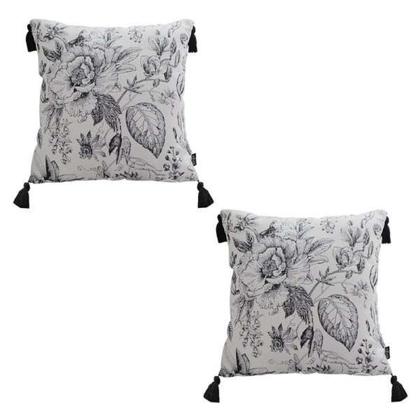 SOGA 2X 50cm Throw Pillow Black and White Elegant Floral Print with Tassel Accents Home Decor
