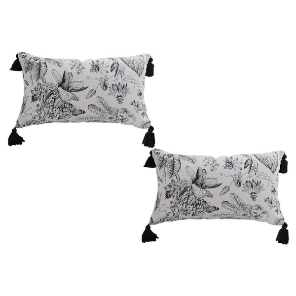 SOGA 2X 35cm Throw Pillow Black and White Floral Print Elegant with Tassel Accents Home Decor