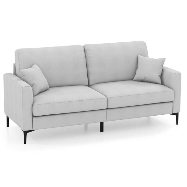 Costway Fabric Loveseat Sofa Lounge Upholstered Couch Metal Legs w/Armrest & Pillows Grey