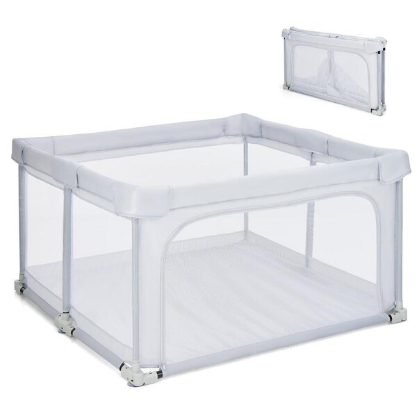 Costway 124x124x70cm Folding Playpen Security Enclosure Play Fence w/Crawling Mat & Pull Ring Grey
