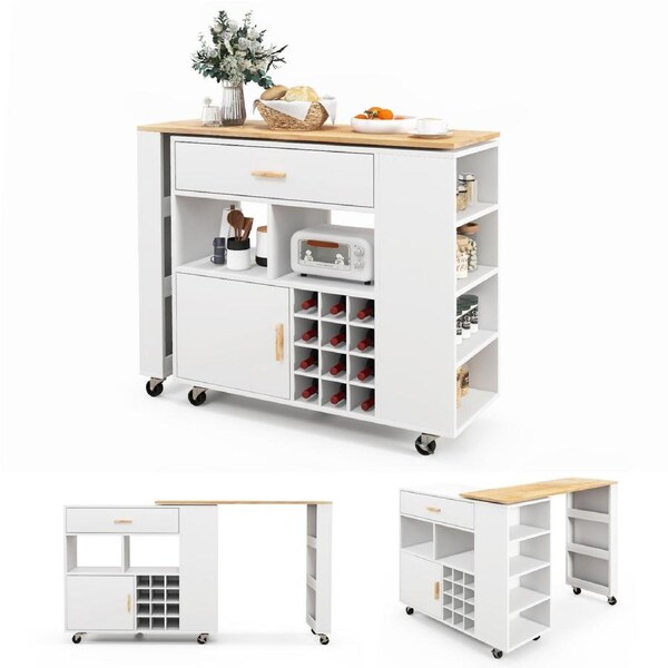Costway 2in1 L-Shape Kitchen Island Trolley Bar Buffet Sideboard w/Rotatable Tabletop & Wine Rack White