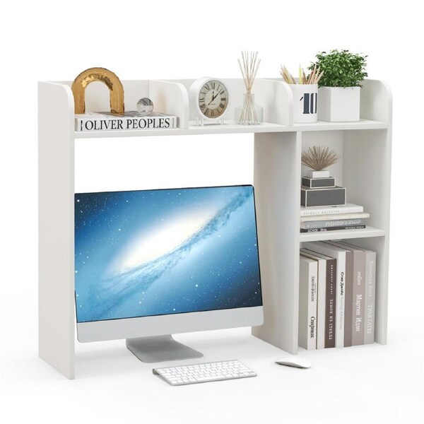 Costway Desktop Bookshelf Wood Display Rack w/4 Shelves &Open Compartment Storage Organiser Office White