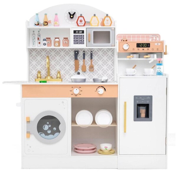 Babyjoy Kids Wooden Play Kitchen Cooking Playset w/Ice & Coffee Makers Chef Pretend Play Toy Gift White