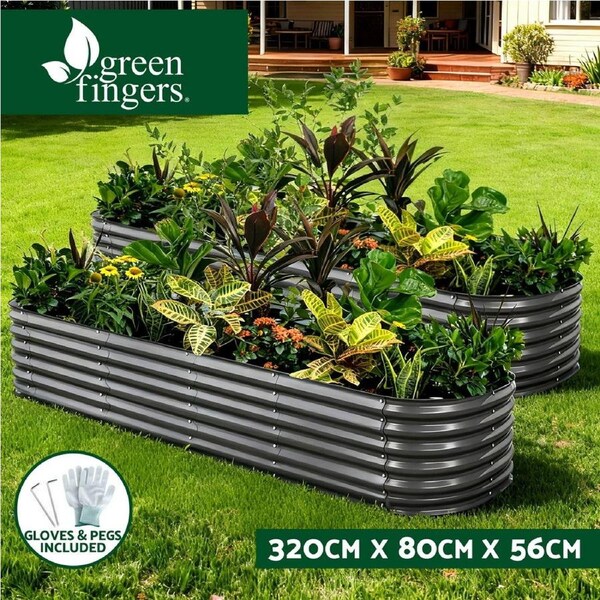 2x Green Fingers Raised Garden Bed 320X80X56cm Oval Planter Box