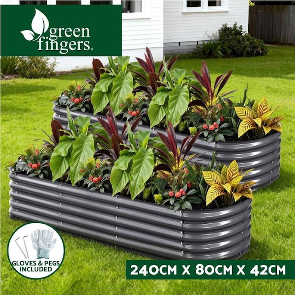 2x Raised Green Fingers Garden Bed 240X80X42cm Oval Planter Box Container Galvanised