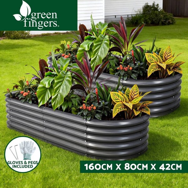 2x Green Fingers Raised Garden Bed 160X80X42cm Oval Planter Box Raised Container Galvanised