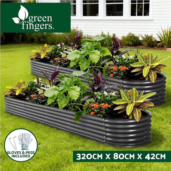 2x Green Fingers Raised Garden Bed 320X80X42cm Oval Planter Box Container Galvanised