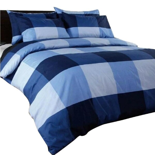 Blue Check Microfiber Duvet Cover Set Super King