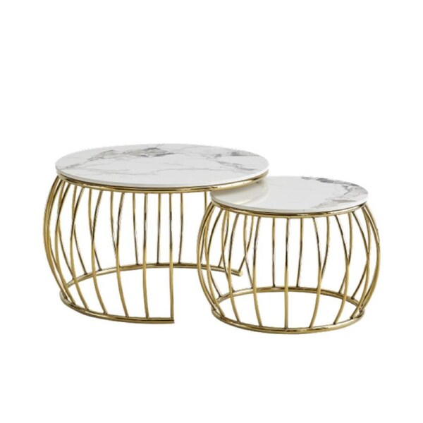 Design Square Set of 2 Nesting Coffee Table Round Faux Marble Ceramic Gold/White