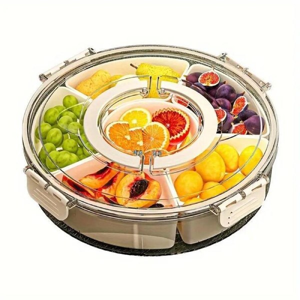 Six Compartment Rotary Fruit Plate Portable Round Snack Box with Lid for Home