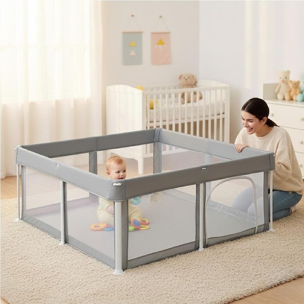 BoPeep 125x125x65cm Foldable Kids Playpen Pop-Up Baby Safety Mesh Fence & Toddler Play Center