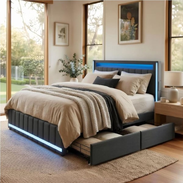 1 x Levede Bed Frame Double with 4 Drawers LED USB Charging