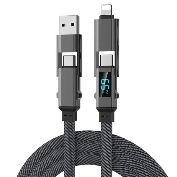 4 in 1 USB Convertible USB Cable, 65W Flat Braided USB C Fast Charging Charger Cable with LED Display, Multiple Charge Cable for iPhone 16/15/14/13/Samsung/MacBook/Airpods/Android Phone