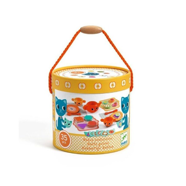 35pc Djeco Greedy Cats Tea & Biscuit Set Round Tub Kids Pretend Play Toy 18m+