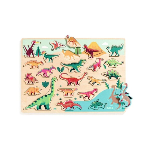 22pc Djeco Dinosaur Wooden Peg Puzzle 42x30cm Kids/Children Play Toy 2y+