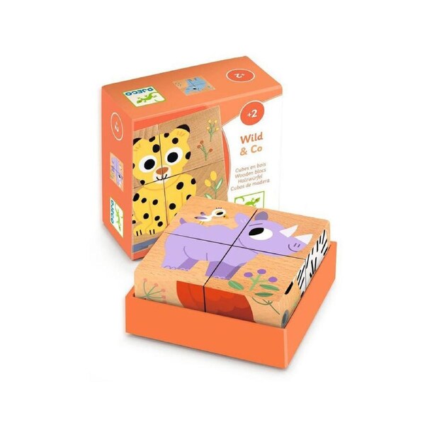 4pc Djeco Wild & Co Safari Wooden Block Puzzle Kids/Children Play Toy 2y+