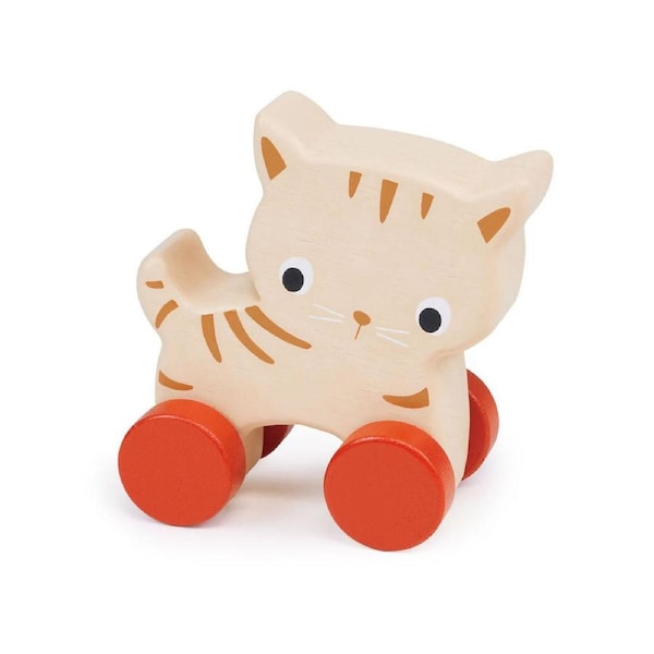 Mentari Kitten On Wheels Pull Along Kids/Children 11cm Play Wooden Toy 6m+