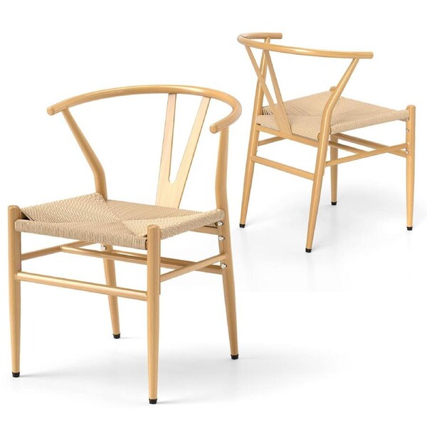 Costway Y-Shaped Wishbone Dining Chair Set of 2 Mid-Century Modern Weave Armchairs w/Metal Frame Natural