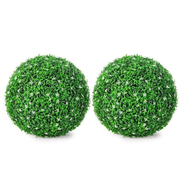 Costway 2PCS 49cm Holly Artificial Topiary Balls Faux Boxwood Decorative Balls w/White Flowers Indoor