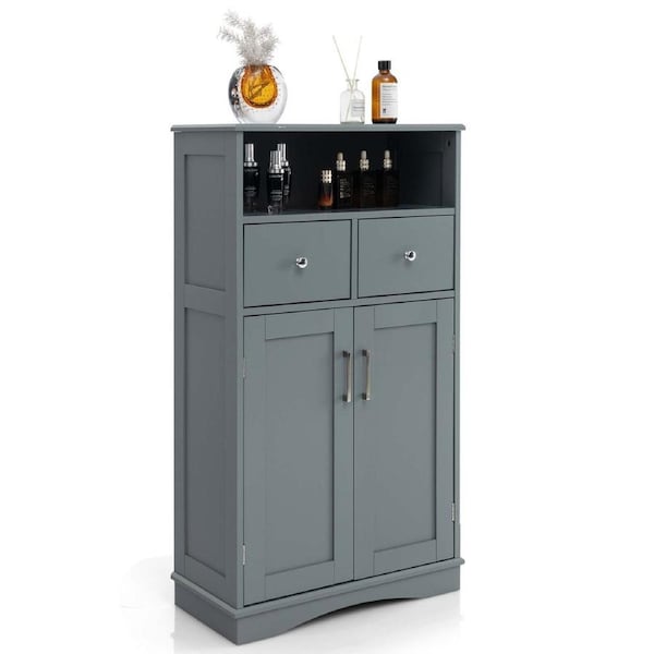 Costway 2 Doors Bathroom Cabinet Freestanding Floor Storage Cabinet w/Adjustable Shelves Grey