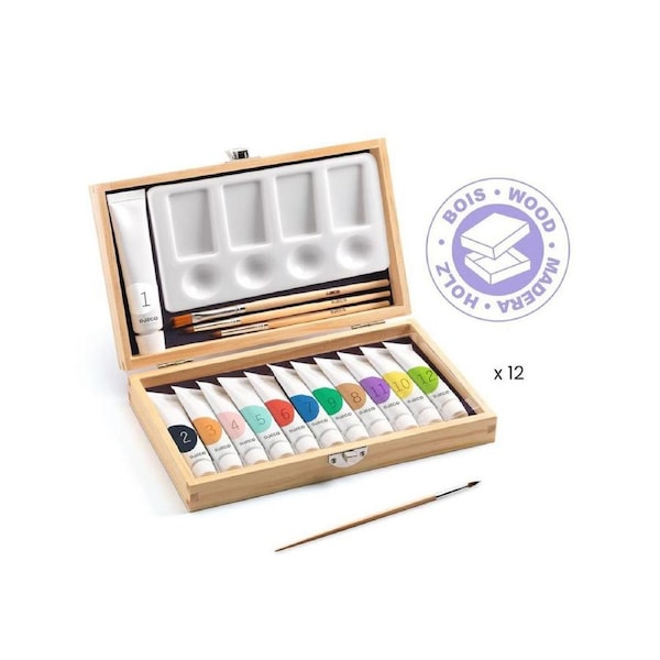 Djeco Artist's Box w/ 12 Gouaches Tubes Kids Art/Craft Drawing Paint Set 6y+