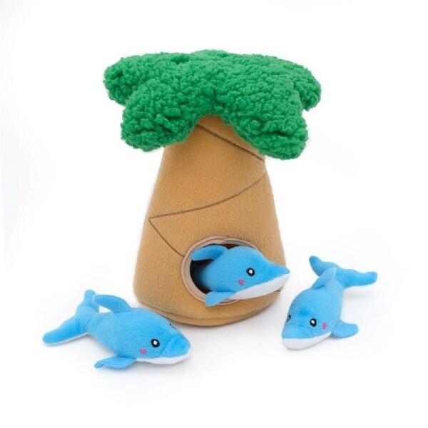 Zippy Paws Zippy Burrow Interactive Dog Toy - 3 Dolphins in Palm Tree