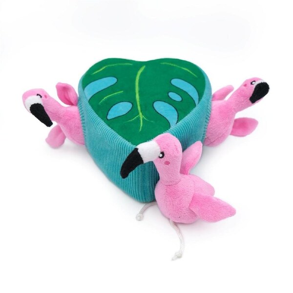 Zippy Paws Zippy Burrow Interactive Dog Toy - 3 Flamingos in Monstera Leaf