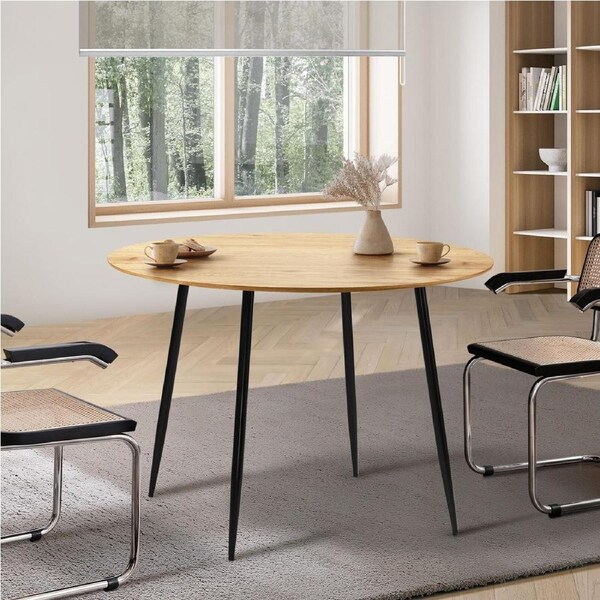 Oikiture 110cm Dining Table Round Wooden Table With Metal Legs Wooden Black